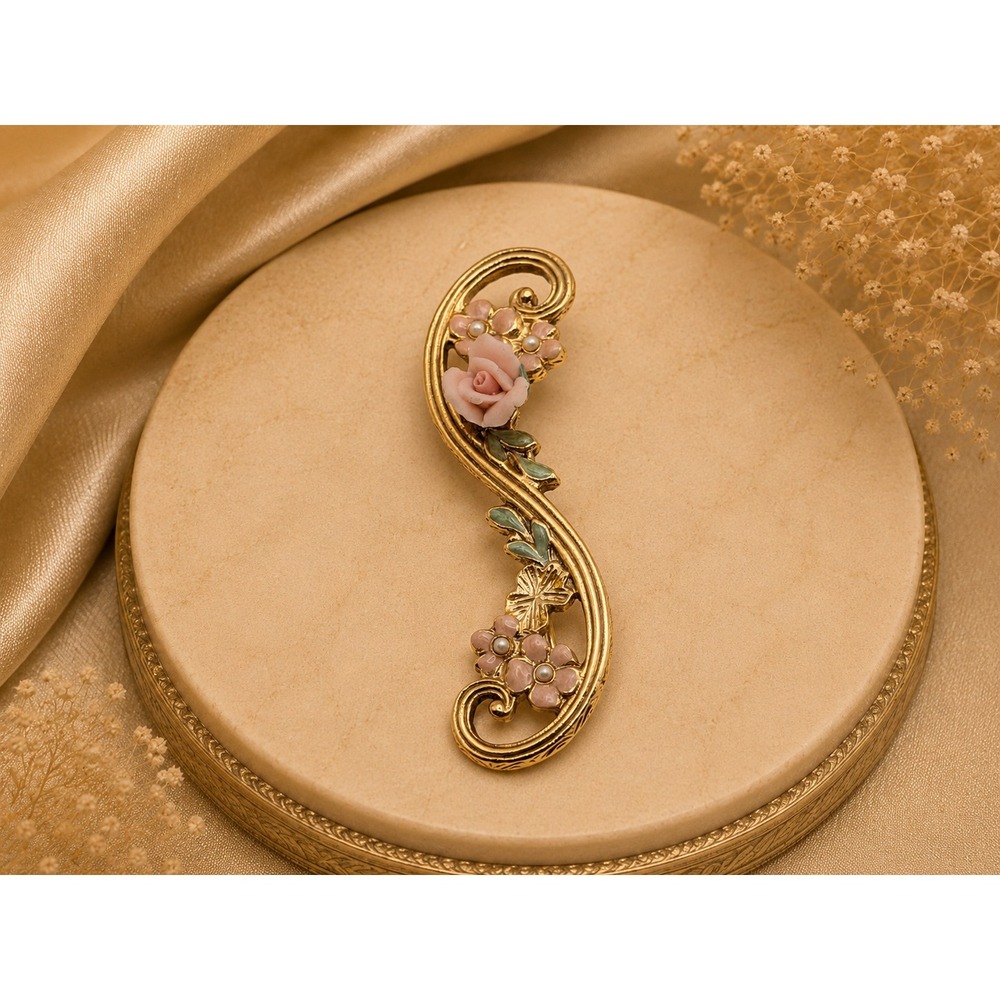 Vintage Gold Tone S Scroll Brooch Pink Porcelain Rose Enamel Flowers Faux Pearl